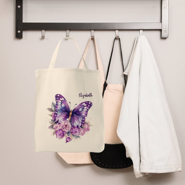 Butterfly pink purple flowers tote bag (Creator Uploaded)