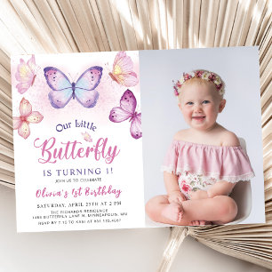 Butterfly Pink Purple Girls Birthday Photo Invitation