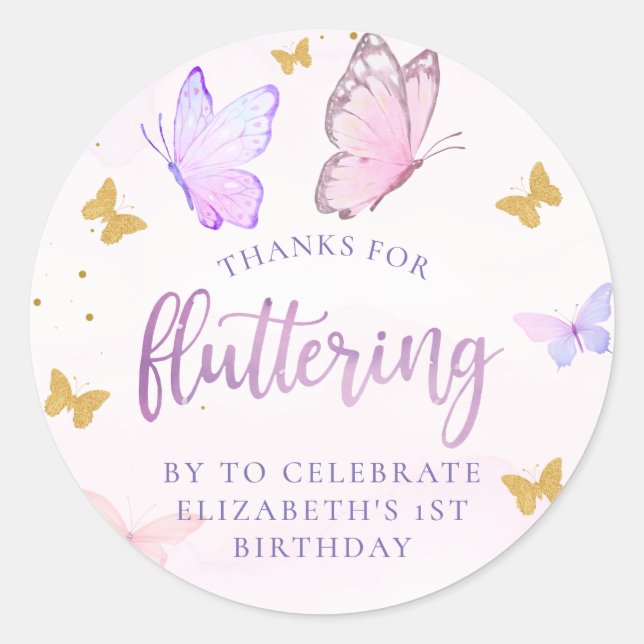 Butterfly Pink Purple Gold Girl First Birthday Classic Round Sticker (Front)