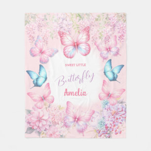 Butterfly Pink Purple Pastel Floral Name Girl Fleece Blanket
