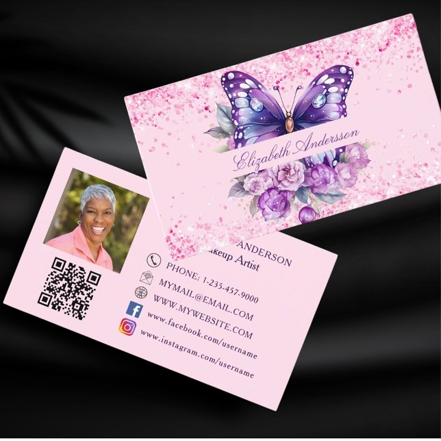 Butterfly pink purple QR code photo social media Business Card (Creator Uploaded)