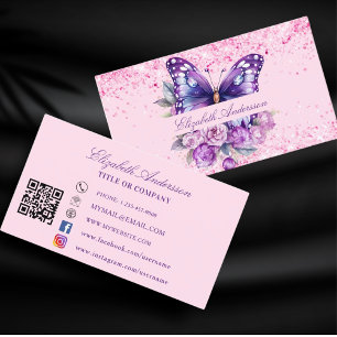 Butterfly pink purple QR code social media Business Card