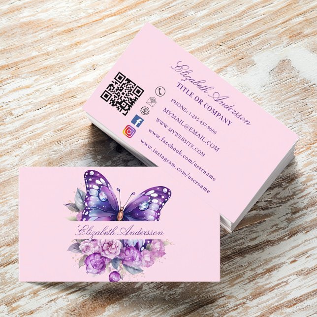 Butterfly pink purple QR code social media Business Card (Creator Uploaded)