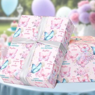 Butterfly Pink Purple Summer Birthday Girl Name Wrapping Paper