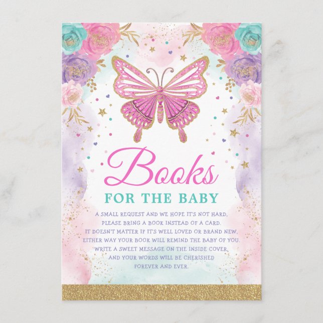 Butterfly Pink Purple Teal Floral Books for Baby Enclosure Card (Front)