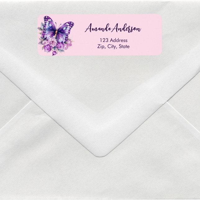 Butterfly pink purple wedding return address return address label (Creator Uploaded)