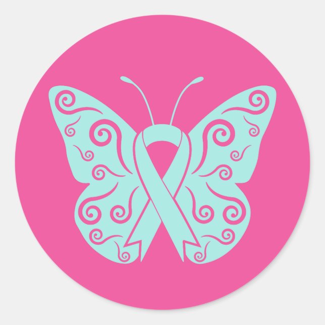 Butterfly Pink Ribbon Breast Cancer Awareness Day Classic Round Sticker (Front)