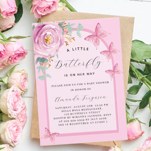 Butterfly pink rose floral arch Baby Shower Invitation
