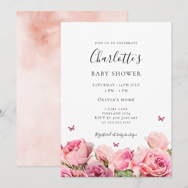 Butterfly Pink Rose Girl Baby Shower Invitation (Front/Back)