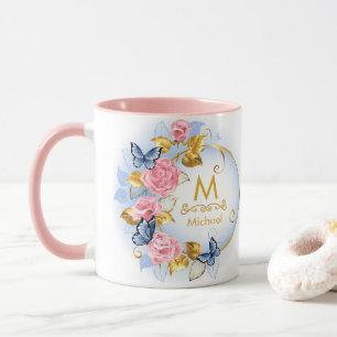 Butterfly & Pink Rose Monogram I Gold Initial Mug