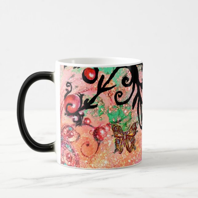BUTTERFLY PINK SPARKLES, BLACK FLORAL MONOGRAM, MAGIC MUG (Left)