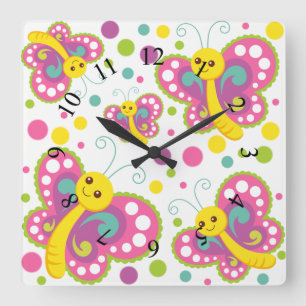 Butterfly polka dot cute animal nursery kids room square wall clock