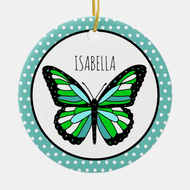 Butterfly Polka Dot Personalised Christmas   Ceramic Ornament (Front)