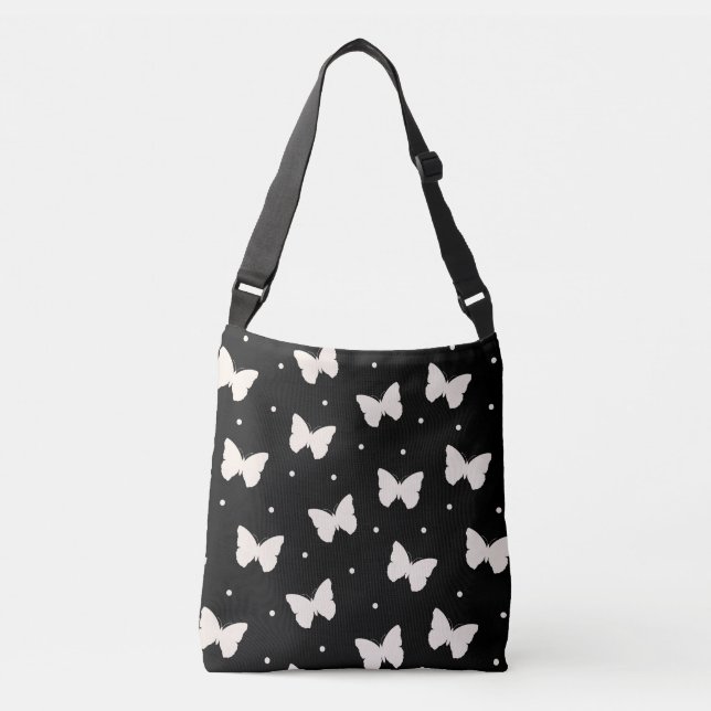 Butterfly & Polka Dots Pattern Black Cream Crossbody Bag (Front)