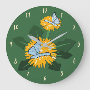 Butterfly Pollinating Yellow Dandelion Wildflower Large Clock