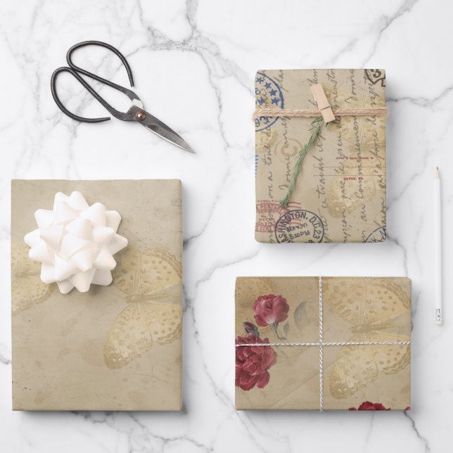 Butterfly Postal Stamp Print Pattern Wrapping Paper Sheet (Front)