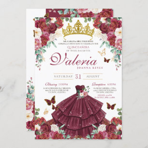 Butterfly Princess Burgundy Red Roses Quinceañera Invitation