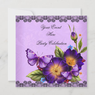 Butterfly Purple Black Lace Flower Damask Party Invitation