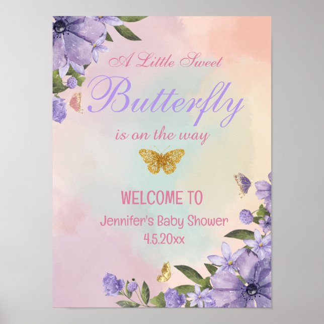  butterfly purple flowers baby shower welcome sign (Front)