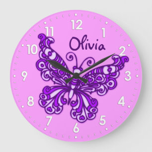 Butterfly purple girls room name wall clock