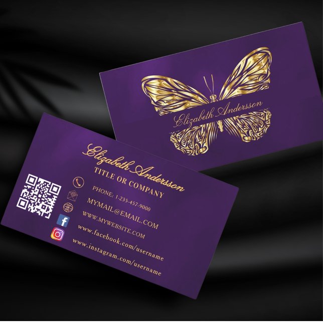 Butterfly purple gold QR code social media Business Card (Creator Uploaded)