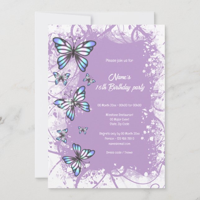 Butterfly purple mother of pearl elegant winter  invitation (Back)