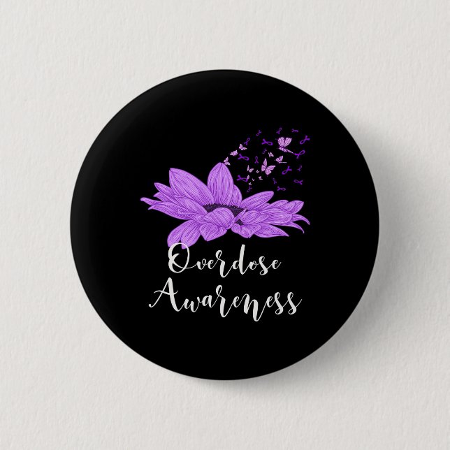 Butterfly Purple Ribbon Sunflower Overdose Awarene 6 Cm Round Badge (Front)