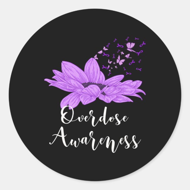 Butterfly Purple Ribbon Sunflower Overdose Awarene Classic Round Sticker (Front)