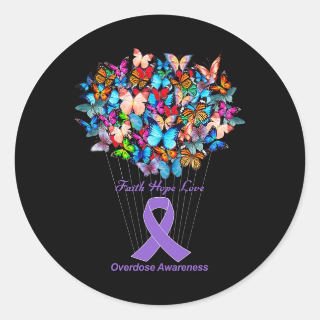 Butterfly Purple Ribbon Sunflower Overdose Awarene Classic Round Sticker (Front)