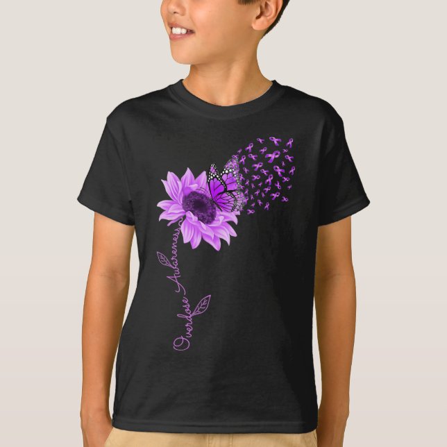 Butterfly Purple Ribbon Sunflower Overdose Awarene T-Shirt (Front)