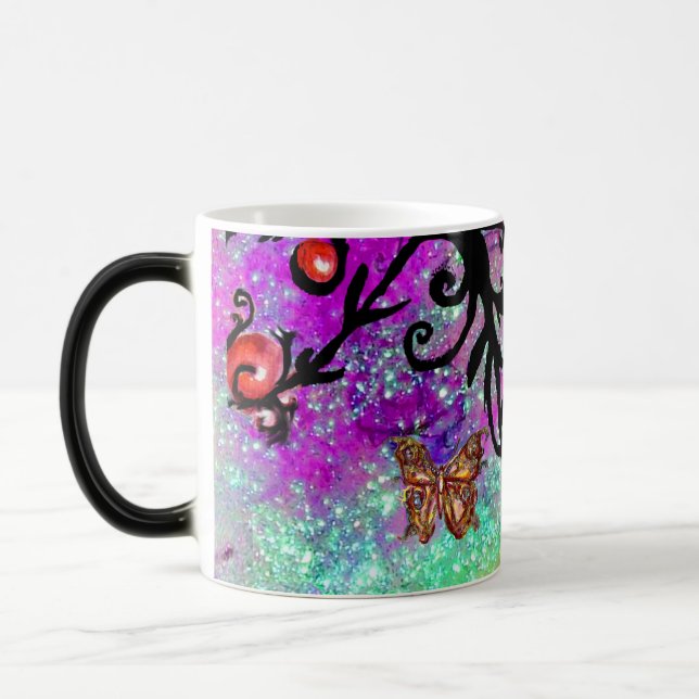 BUTTERFLY PURPLE SPARKLES, BLACK FLORAL MONOGRAM, MAGIC MUG (Left)
