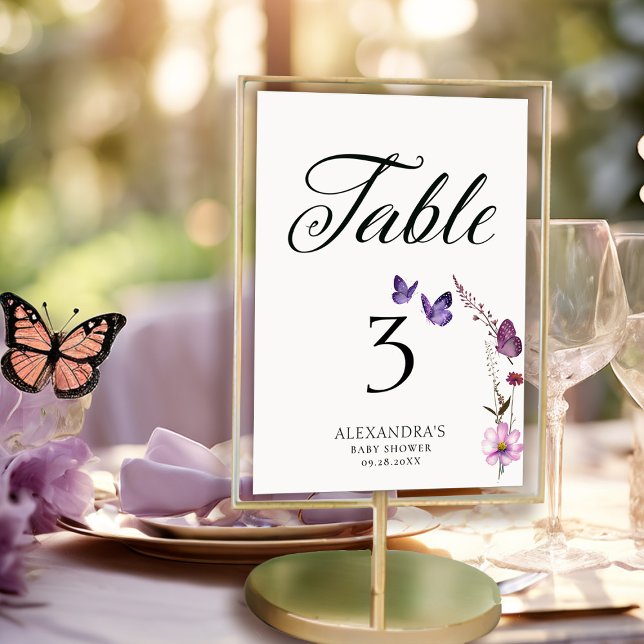 Butterfly Purple Wild Baby Shower Table Number (butterflies wildflowers table number baby shower bridal wedding birthday party spring summer garden)