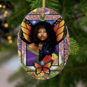 Butterfly Queen Fairy Stained Glass Purple Ceramic Ornament