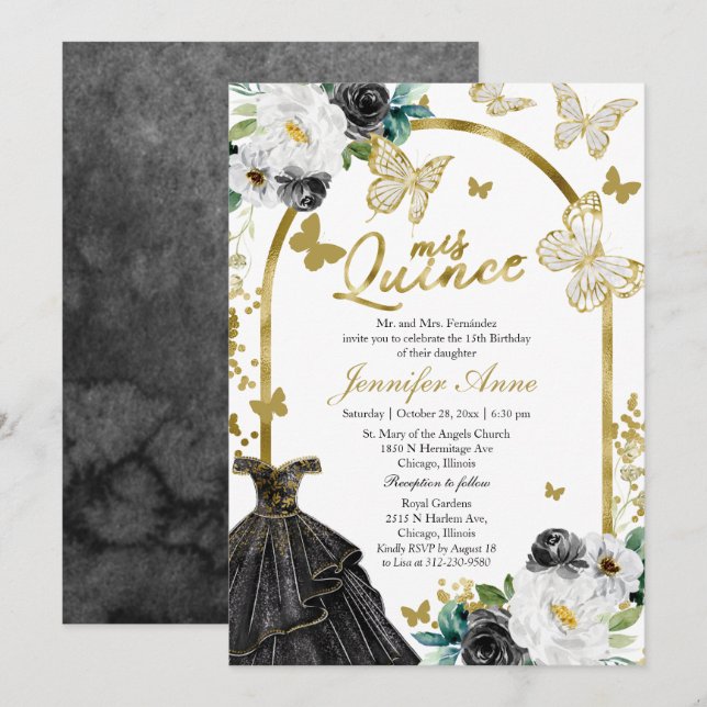 Butterfly Quince Invitations Floral Black Dress (Front/Back)