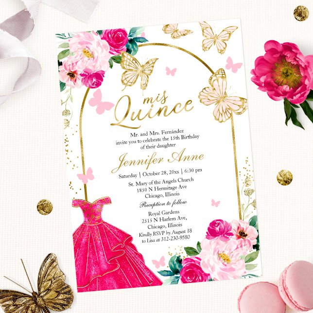 Butterfly Quince Invitations Hot Pink Arch Floral  (Creator Uploaded)