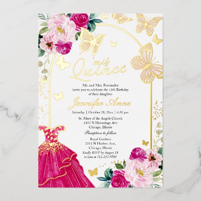 Butterfly Quince Invitations Hot Pink Dress  (Front)