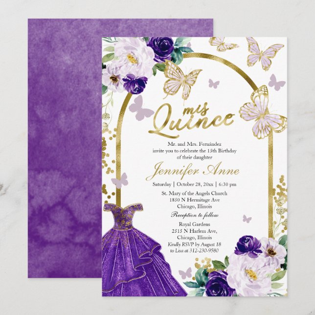 Butterfly Quince Invitations Purple Floral Dress (Front/Back)