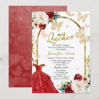 Butterfly Quince Invitations Red Floral Gold Arch