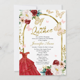 Butterfly Quince Red Dress Bilingual Invitations