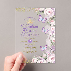 Butterfly Quinceañera 15 Anos Purple Floral Crown Acrylic Invitations