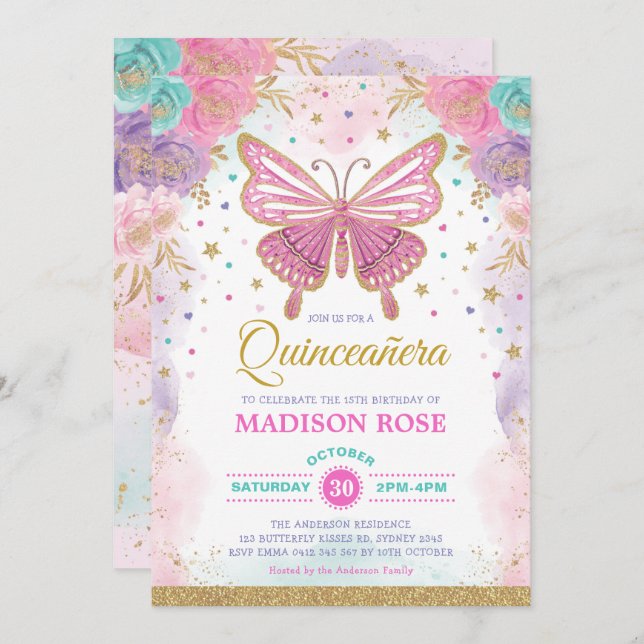 Butterfly Quinceañera Birthday Pink Purple Floral Invitation (Front/Back)