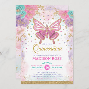 Butterfly Quinceañera Birthday Pink Purple Floral Invitation