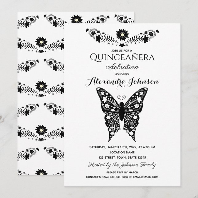 Butterfly Quinceanera Black & White 15th Birthday Invitation (Front/Back)