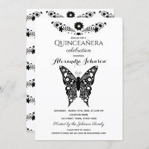 Butterfly Quinceanera Black & White 15th Birthday Invitation