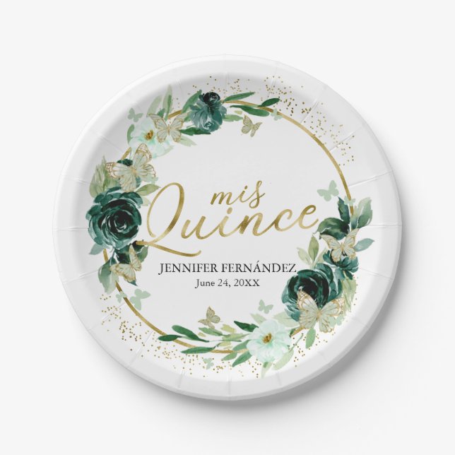 Butterfly Quinceanera Paper Plates Green Floral (Front)