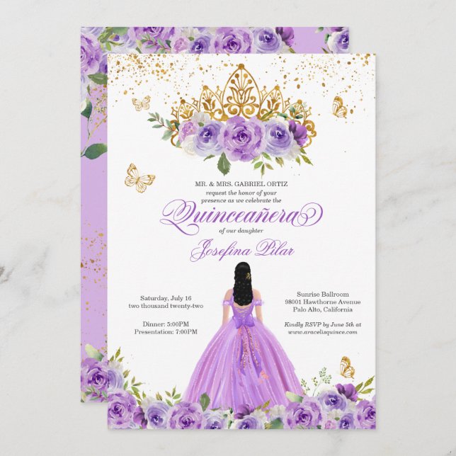 Butterfly Quinceañera Purple Watercolor Flowers In Invitation (Front/Back)