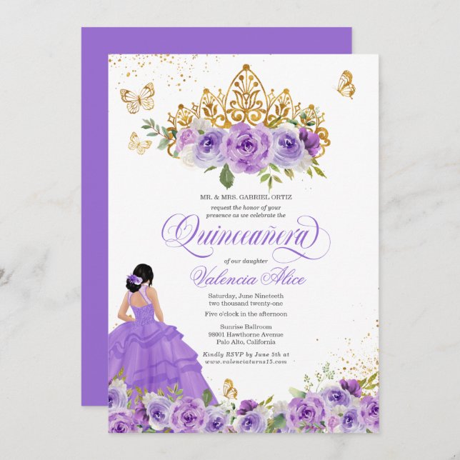 Butterfly Quinceañera + Purple Watercolor Flowers Invitation (Front/Back)