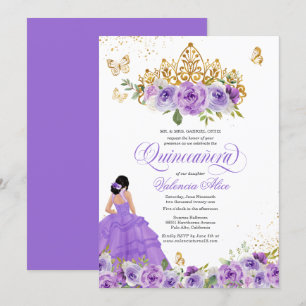 Butterfly Quinceañera + Purple Watercolor Flowers Invitation