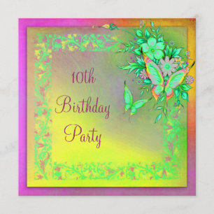 Butterfly Rainbow Girls 10th Birthday Party Invitation