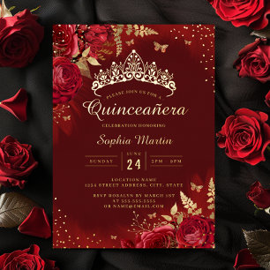 Butterfly Red Gold Floral Quinceanera